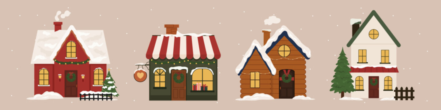 Christmas village houses set, snowy winter cottages, shop, and wooden cabin vector illustration isolated. Cozy Christmas cottages set, snowy village buildings. Festive winter house clipart set.