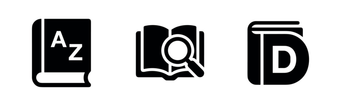 Dictionary and research icons set, with alphabetical book, search, and definition symbols