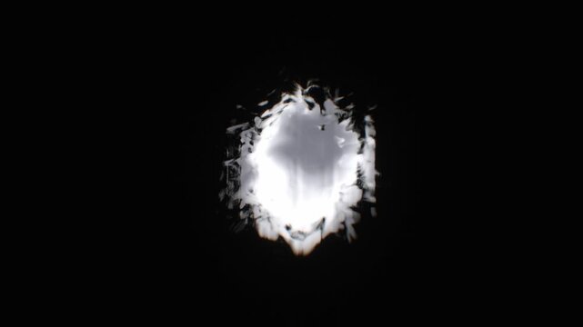 Intense white core of boiling liquid light flares with chromatic fringe against a deep black void in a 3d animation