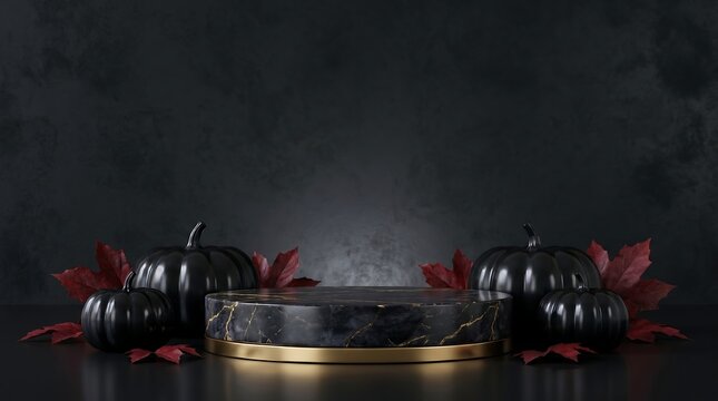 Black marble podium with pumpkins for product display