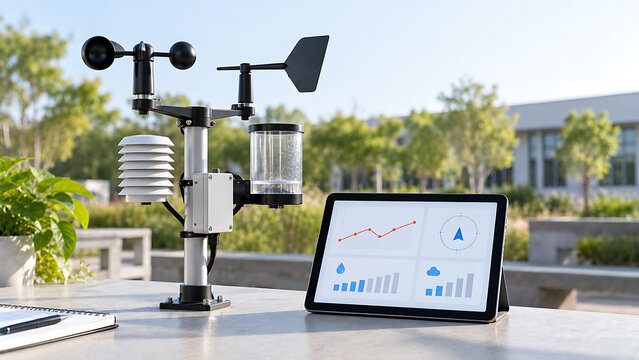 Portable weather station device monitoring climate data on tablet with data dashboard weather sensor environmental data climate change rain gauge weather report field research scientific equipm