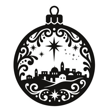Bethlehem City Skyline Christmas Bauble Ornament, Ancient City Under Star of Bethlehem Inside Hanging Christmas Ball, Luke 2 Vector Silhouette