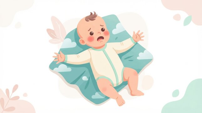 Newborn reacts with the Moro reflex while lying on a padded blanket at home. This is a typical moment in infant development.