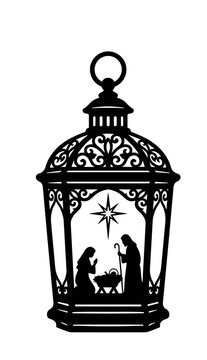 Holy Family Nativity Scene Inside Vintage Lantern, Baby Jesus in Manger Christmas Lantern, Luke 2 Biblical Vector Silhouette