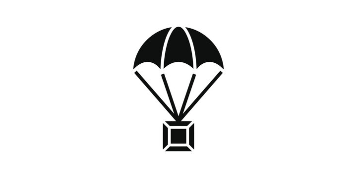 Parachute cargo delivery icon symbol with package load hanging below.