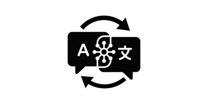 Language translation icon with speech bubbles and neural network art.