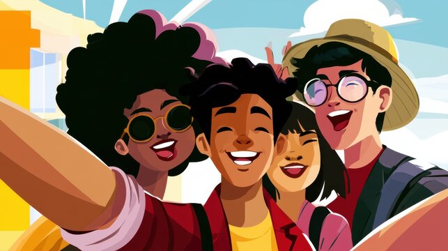 Group of multicultural young friends taking a selfie together, smiling and having fun. Concept of diversity, unity, friendship, youth culture, social connection and modern lifestyle