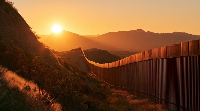 Warm sunset light bathes a wooden border fence stretching across a desert landscape