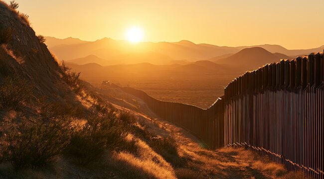 Golden sunset casts long shadows over a desert border fence