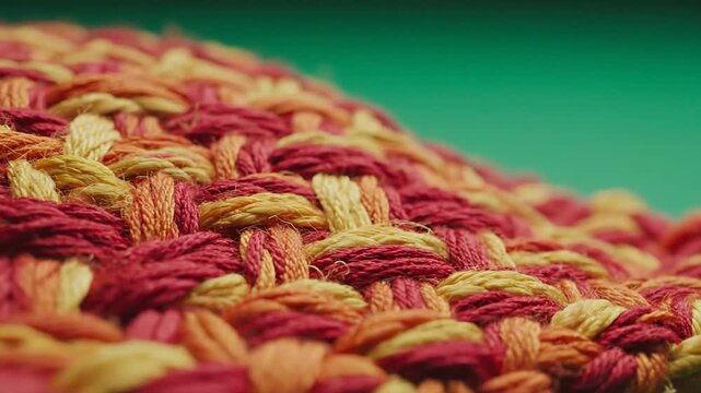 Macro of yellow and red knitted pattern.