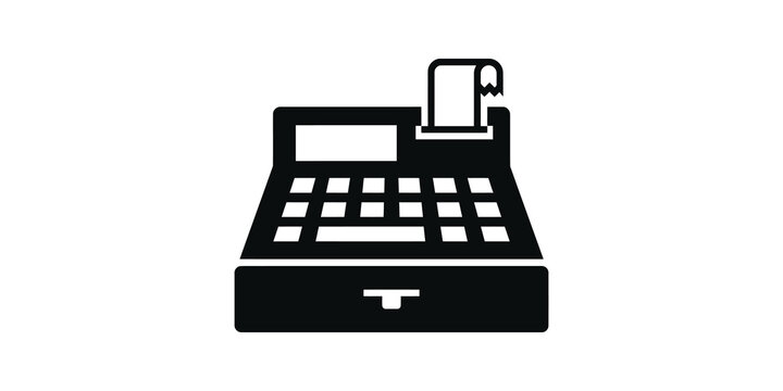 Black cash register icon with receipt paper for retail finance merchant.