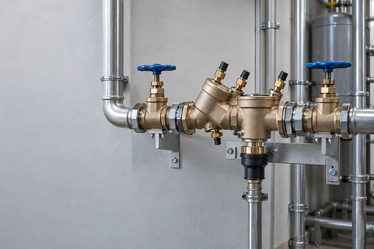 Industrial brass backflow preventer valve assembly connected to metal pipes in a utility room with plumbing system pipe assembly water control plumbing installation fluid management water supply
