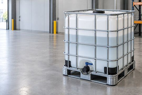 Large plastic liquid container in a metal frame pallet for industrial storage and transportation with plastic tank ibc tote bulk container warehouse logistics chemical storage industrial packagin