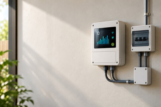 Smart energy meter with digital display installed on a concrete wall energy monitoring power consumption utility meter electric meter home automation energy efficiency smart technology