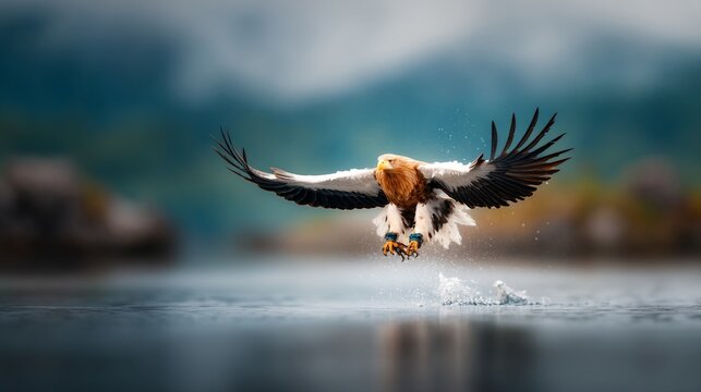 Majestic eagle in mid-flight, talons outstretched, capturing fish from glistening water. Scenery includes mountains, water droplets, and trees
