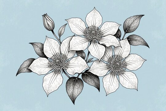 Detailed black, white hand drawn clematis flower illustration. Three blooming blossoms with green leaves, one bud on light blue background. Elegant botanical art for wedding invite, garden decor,