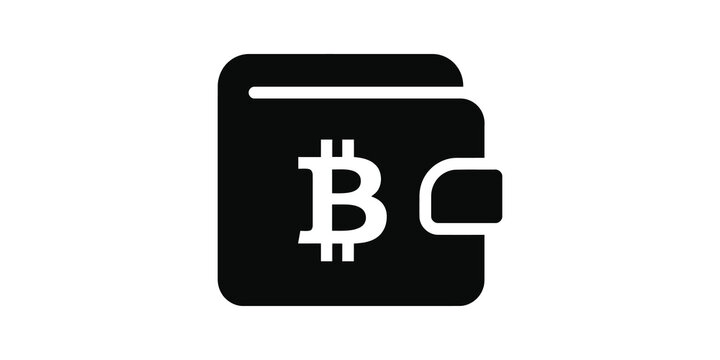 Bitcoin wallet black flat vector icon representing digital asset storage.