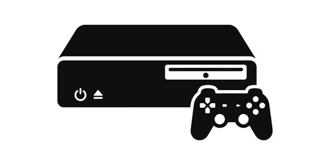 Modern black home entertainment console icon with wireless game controller. © huzaifa