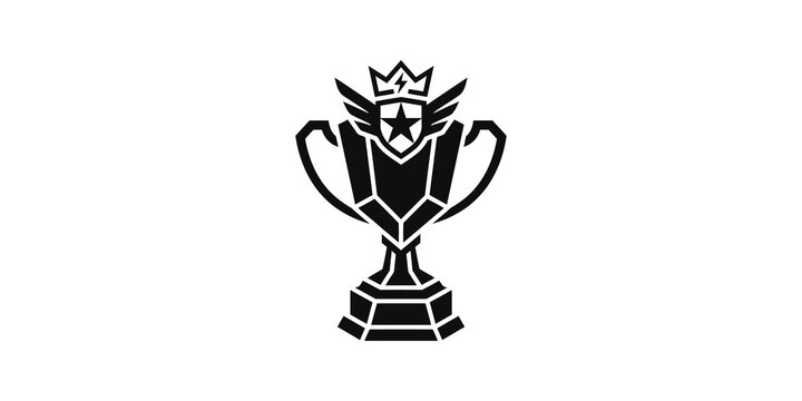 Championship trophy cup emblem with crown and star wings decoration.
