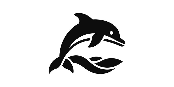 Black dolphin jumping out of water flat icon on transparent background.