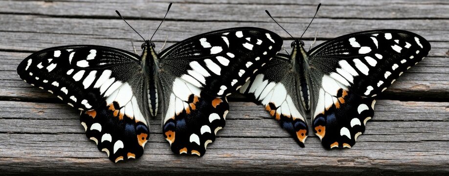 Two swallowtail butterflies with black white orange patterns rest on old gray wood planks. Insects wings show detailed designs. Close up view of nature.