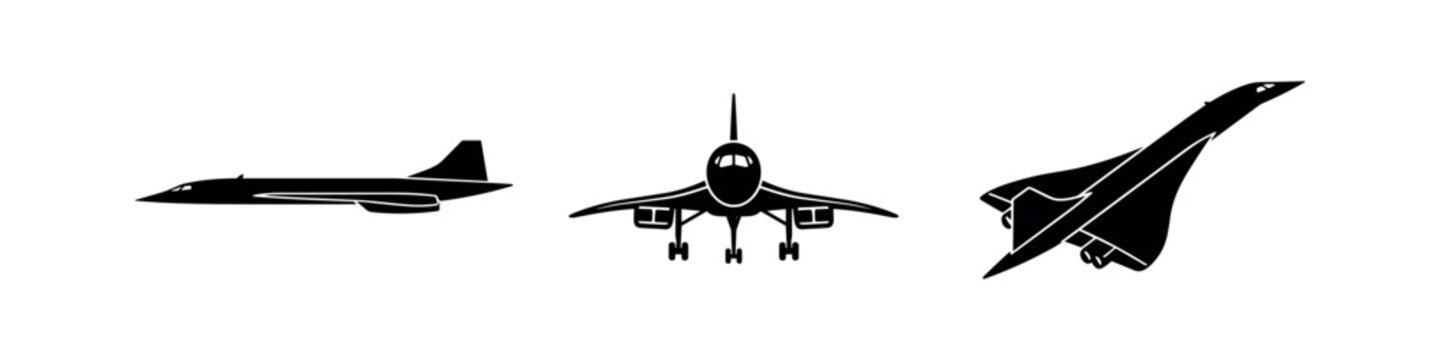 Supersonic Jet and Concorde Aircraft Icons. Fast Air Travel, Speed, and Aviation Symbols.