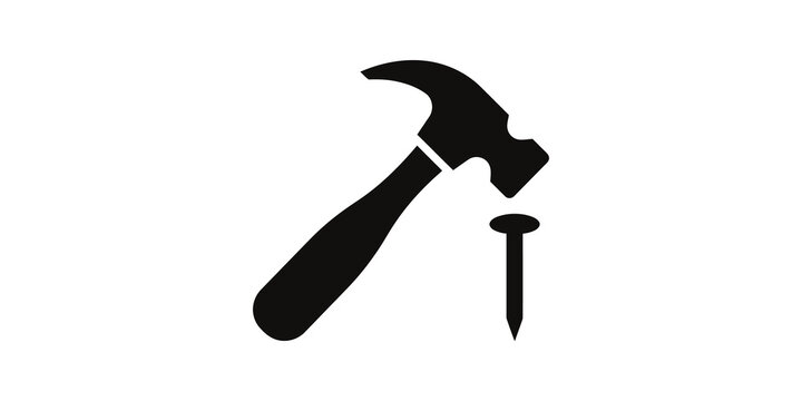 Claw hammer hitting metal nail silhouette for home repair projects.