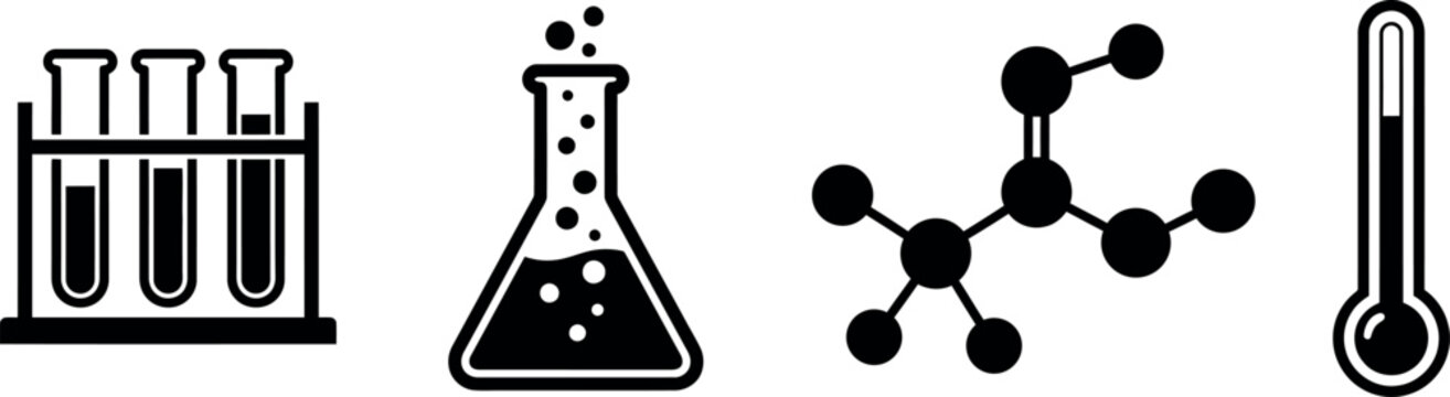Set of scientific laboratory equipment icons including test tubes flask molecular structure and thermometer with lab equipment