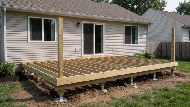 Wooden deck backyard house made planks supported posts rectangular shape appears process built two-story build