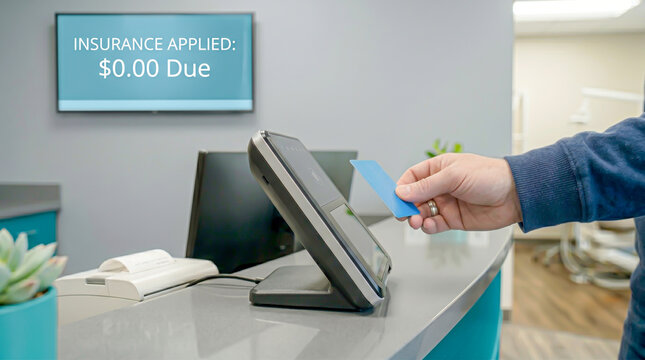 Healthcare financial transaction manifesting through a contactless card tap at a dental office reception showing fully covered insurance benefits.