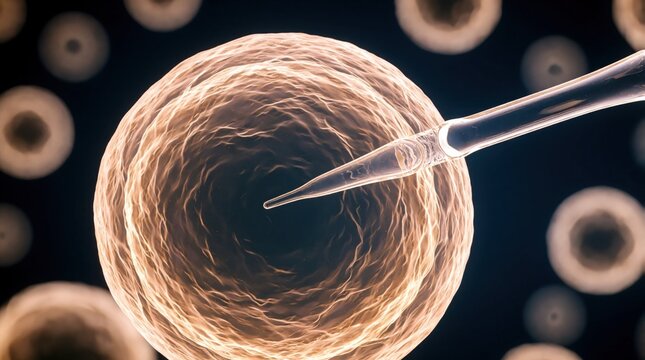 Scientific macro view of human egg cell fertilization in lab. Micromanipulation procedure for conception, assisted reproduction, and new life start.