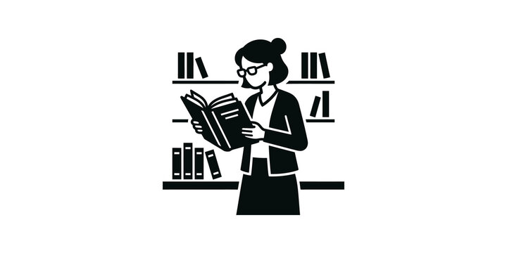 Female librarian studying books in library for academic research use.