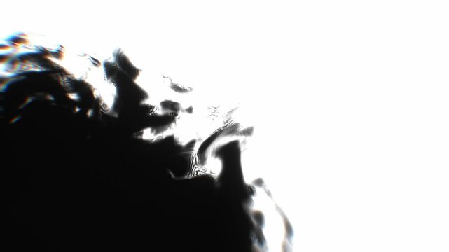 Black ink fluid expands and bleeds across a stark white backdrop with chromatic aberration fringe in a high contrast matte 3D animation