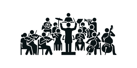 Symphony orchestra musicians with conductor icon on transparent bg. © huzaifa