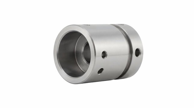 Polished stainless steel mechanical component featuring precise cylindrical engineering and drilled holes isolated against a plain clean white background surface