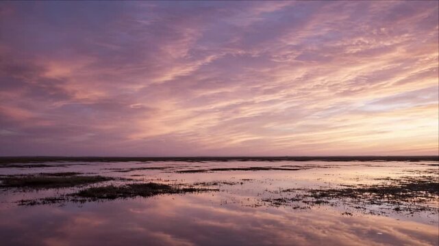 Cinematic Surreal Coastal Wetland Sunset With Reflective Water, Layered Cloud, Purple Sky, Tranquil Nature Timelapse Background For Dreamlike Visual Storytelling