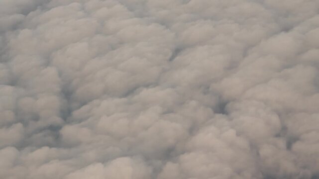 Aerial view from an airplane window flying over a dense and continuous blanket of soft, fluffy cumulus clouds, revealing their texture