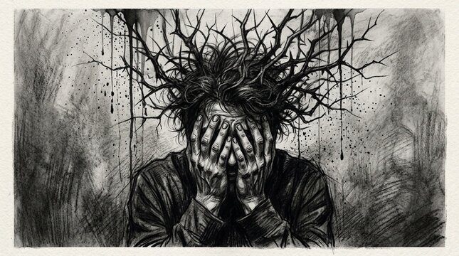 Distressed Person with Thorny Headpiece, Mental Health, Anxiety, Anguish