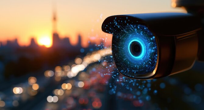 Surveillance camera captures data flow over a city at sunset