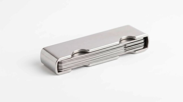 Stainless steel metal feeler gauge set used for precision automotive engine measuring against a clean and bright white studio background