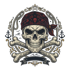 Fototapeta premium Skull Pirate Emblem with Bones, Bandana, and Nautical Elements