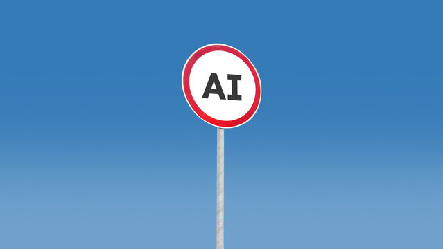 Round white road sign with red border showing AI letters on pole against clear blue sky background design with copy space