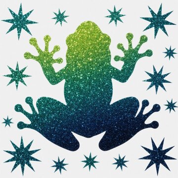 Glittery frog silhouette with sparkling stars on white background. Colorful green teal, blue amphibian graphic design. Whimsical animal art with magic galaxy texture. Cute fantasy toad shape