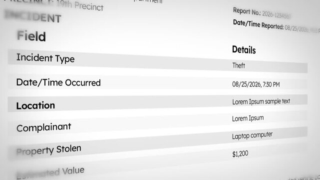 4k footage close up of police report document showing theft incident sample text and report with isolated white backdrop design