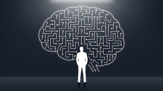 Man facing complex maze inside a brain outline with question marks