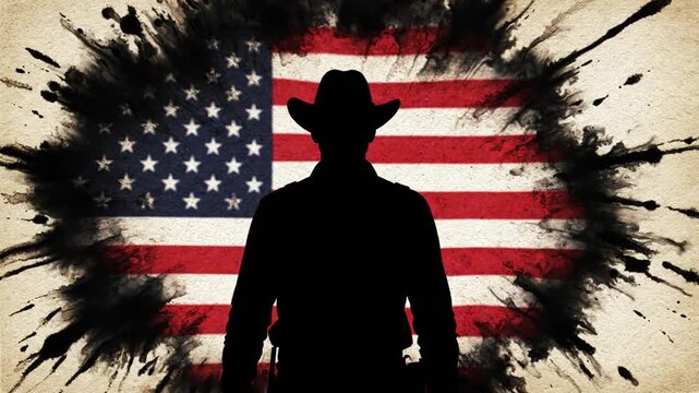 Ink splatter silhouette with American flag pattern.