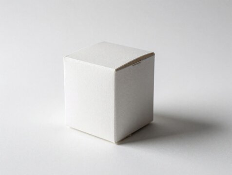 Small white cardboard box stands on plain surface. Blank square paper package for product mockup gift storage. Minimalist empty cube container for retail branding, mail delivery, shipping goods in