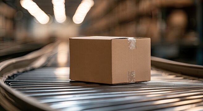 Cardboard box travels on a roller conveyor system in a warehouse