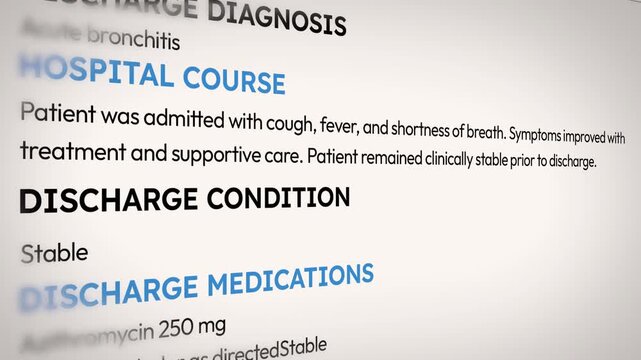 4k footage close up of hospital discharge summary showing patient diagnosis treatment medications and follow up instructions