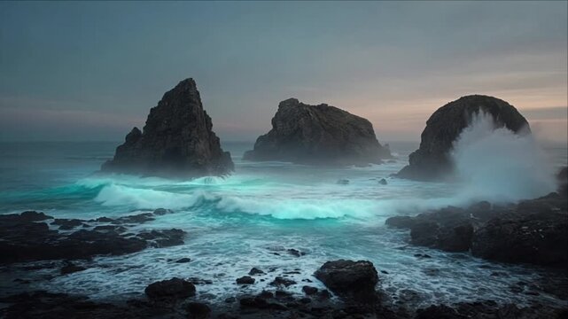 Surreal Cinematic Nature Timelapse of Rugged Sea Stack Coastline with Turquoise Surf and Misty Waves Beneath Hazy Twilight Sky, Dramatic Coastal Background Atmosphere